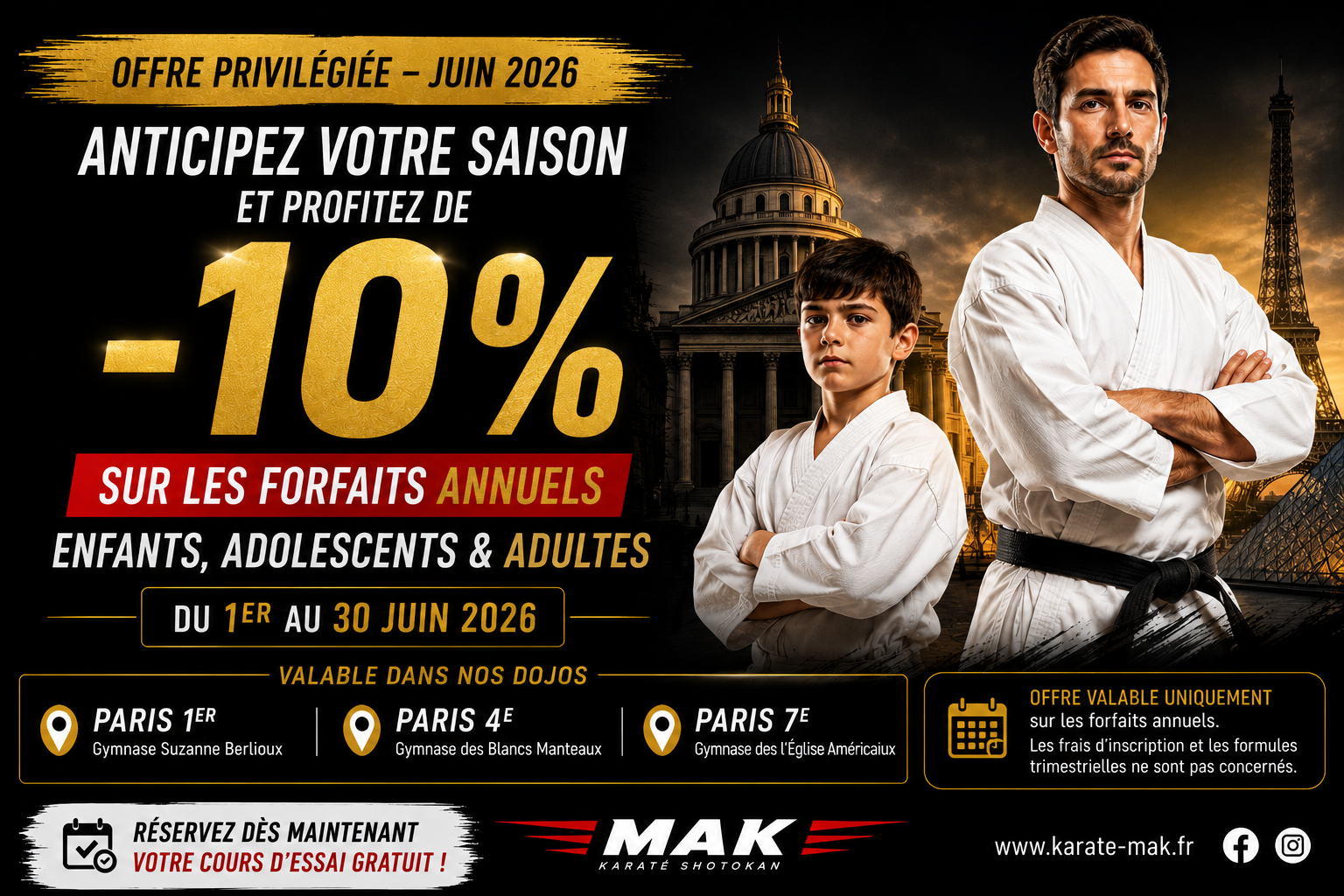 Promotion cours karaté Paris MAK -10% juin 2026