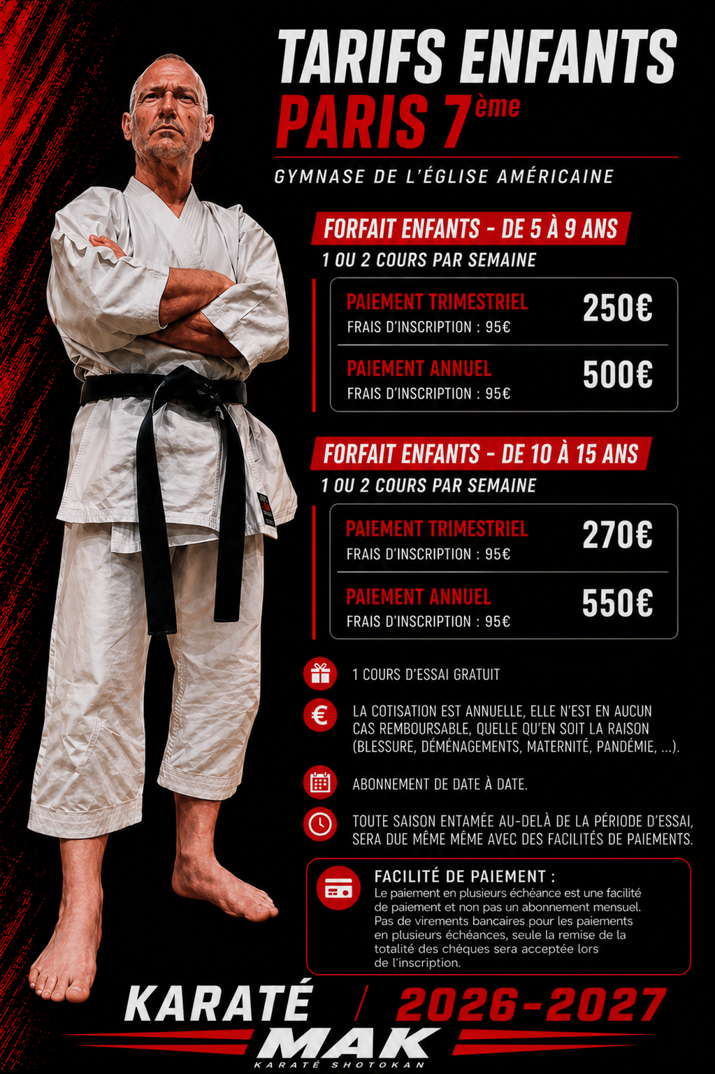 Tarifs enfants karaté Paris 7e MAK 2026-2027